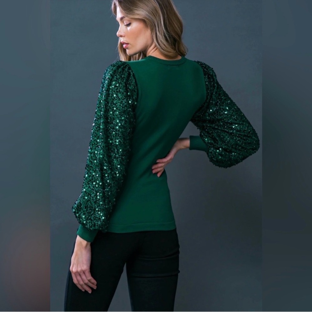 •Flying Tomato• NWT Sequin Puff Sleeve Knit Top Size Medium - Picture 7 of 11